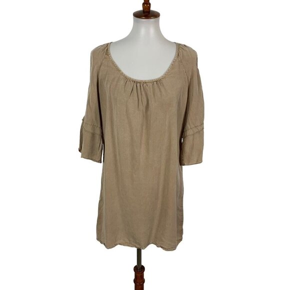Glam Cold Shoulder Dress Small Tan Short Sleeve Party Clubwear Stretch - Picture 1 of 6